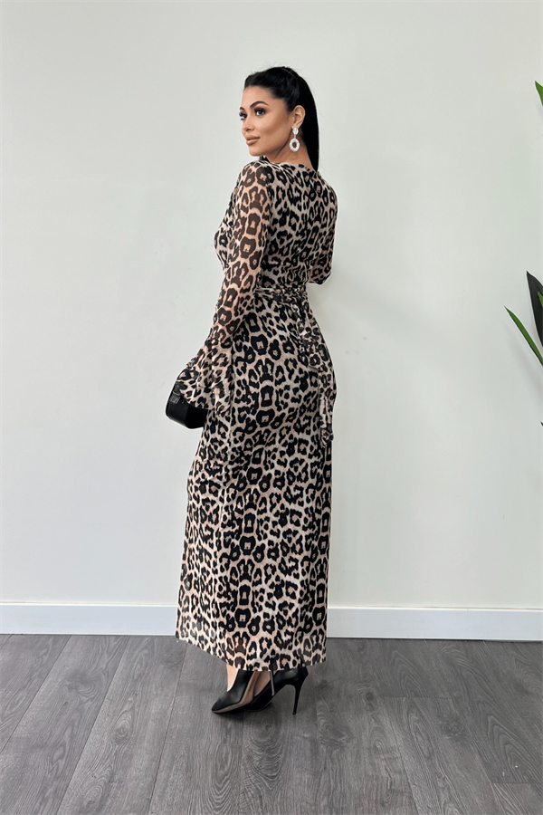 Tül Desenli Kumaş Kolları Volan Detaylı Kalem Elbise - LEOPAR