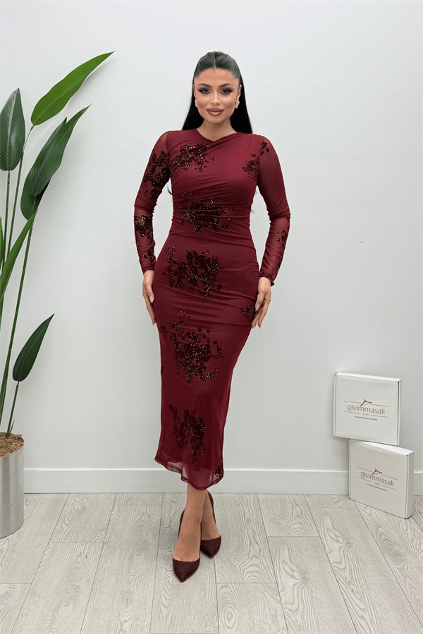 Tül Flog  Baskı Kumaş Midi Elbise - BORDO