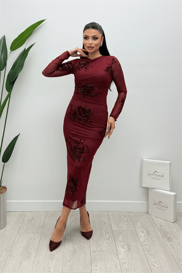 Tül Flog  Baskı Kumaş Midi Elbise - BORDO