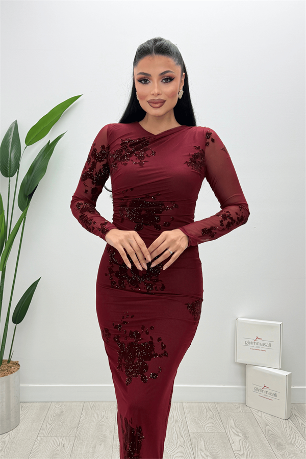 Tül Flog  Baskı Kumaş Midi Elbise - BORDO