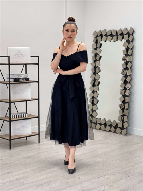 فستان ميدي بحزام قماش من التول - الأسود