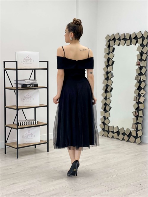 فستان ميدي بحزام قماش من التول - الأسود