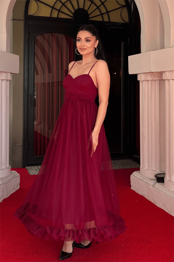 Tül Kumaş Büzgü Detaylı Elbise - BORDO