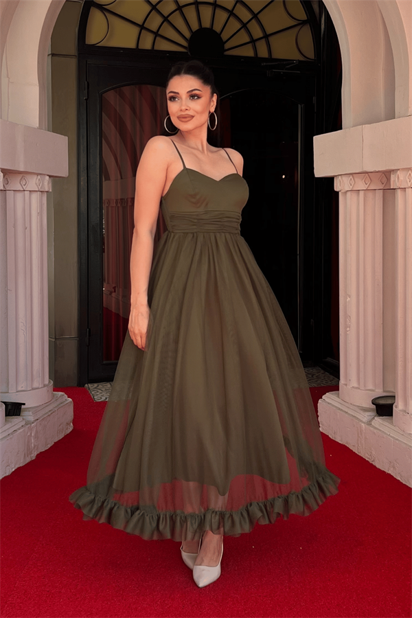 Tül Kumaş Büzgü Detaylı Elbise - HAKİ YEŞİLİ