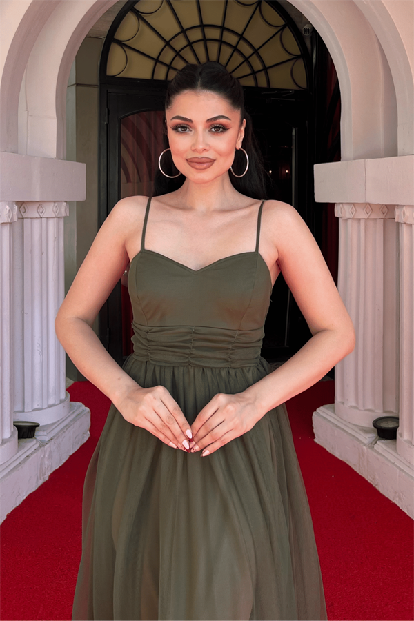 Tül Kumaş Büzgü Detaylı Elbise - HAKİ YEŞİLİ