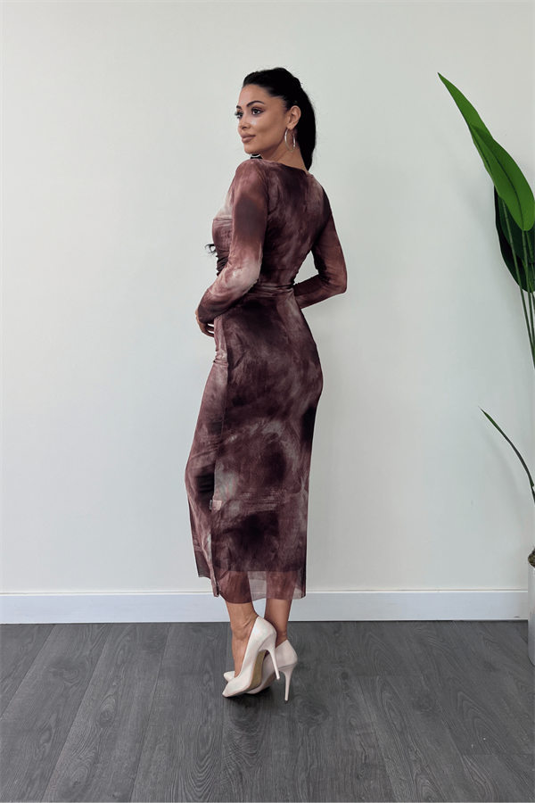 Tül Kumaş Büzgü Detaylı Kalem Elbise - BORDO