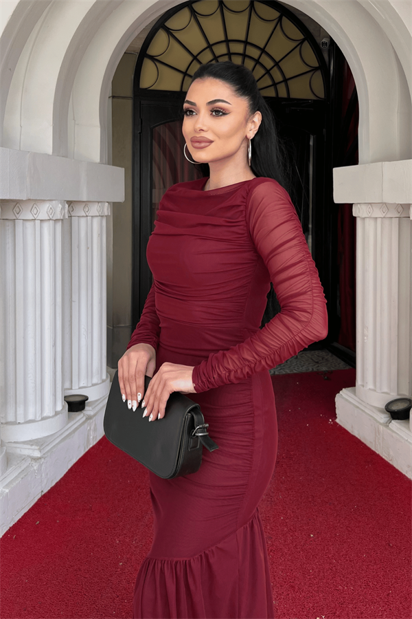 Tül Kumaş Büzgü Detaylı Kalem Elbise - BORDO