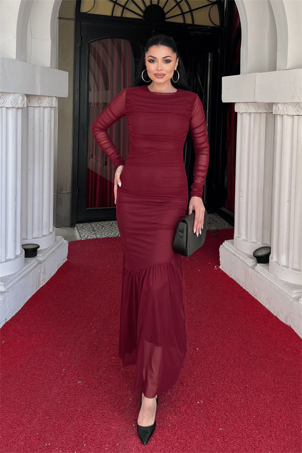 Tül Kumaş Büzgü Detaylı Kalem Elbise - BORDO