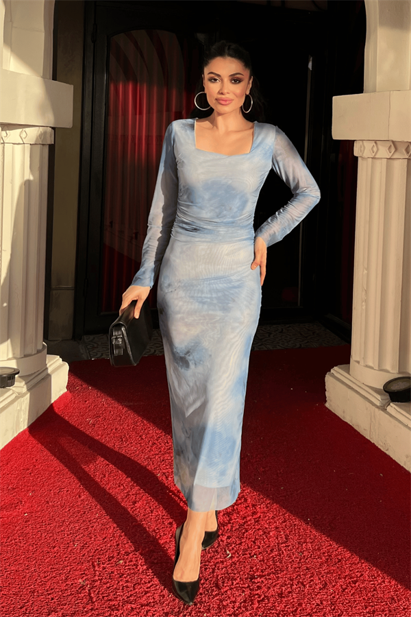 Tül Kumaş Büzgü Detaylı Kalem Elbise - BEBE MAVİSİ