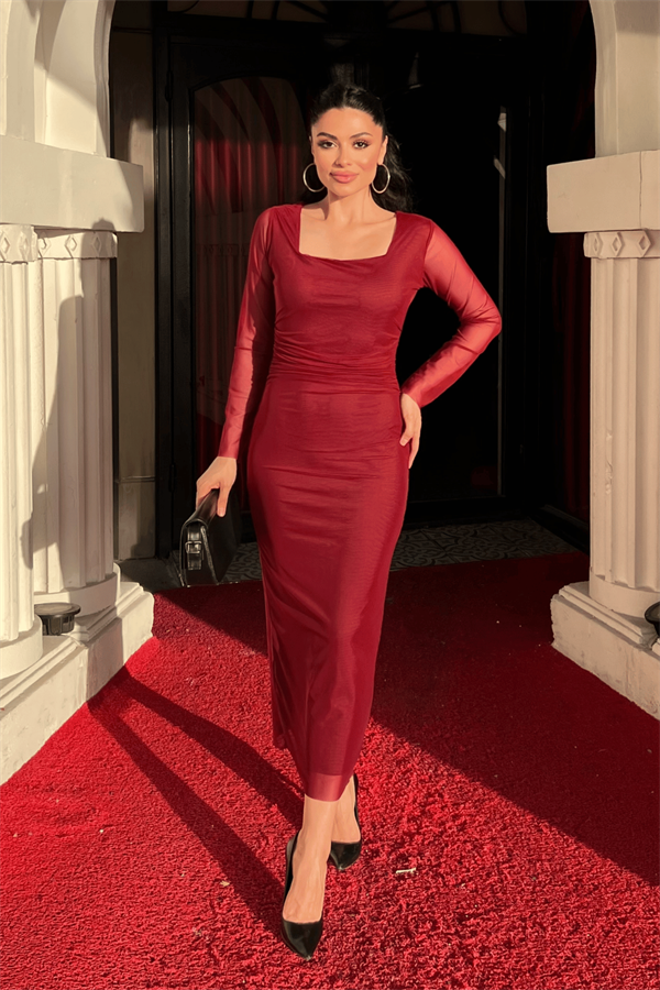 Tül Kumaş Büzgü Detaylı Kalem Elbise - DÜZ BORDO