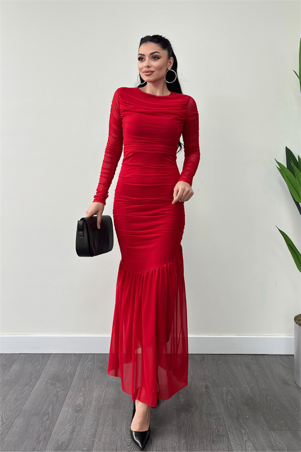 Tül Kumaş Büzgü Detaylı Kalem Elbise - KIRMIZI