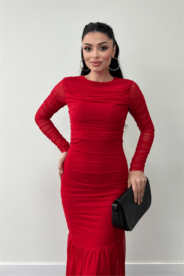 Tül Kumaş Büzgü Detaylı Kalem Elbise - KIRMIZI