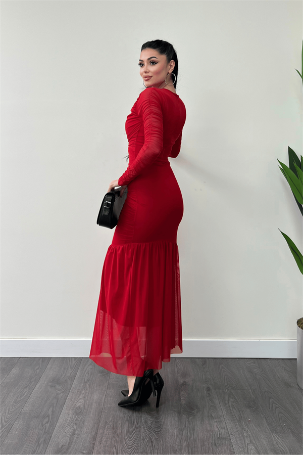 Tül Kumaş Büzgü Detaylı Kalem Elbise - KIRMIZI