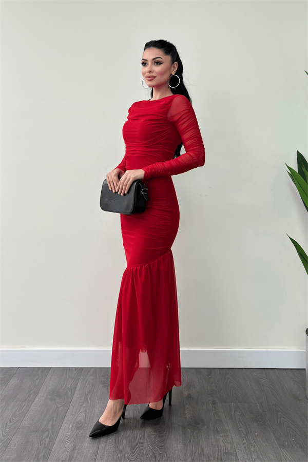 Tül Kumaş Büzgü Detaylı Kalem Elbise - KIRMIZI