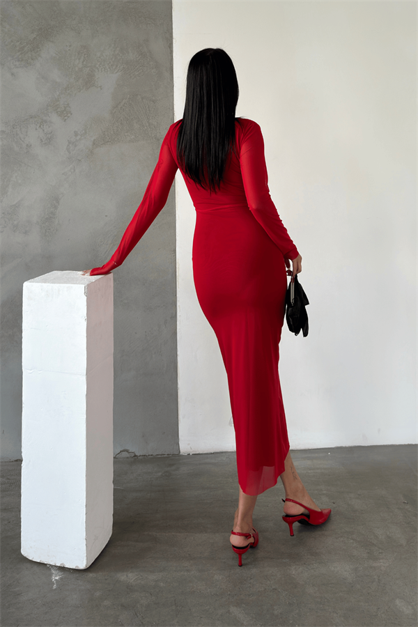 Tül Kumaş Büzgü Detaylı Kalem Elbise - KIRMIZI