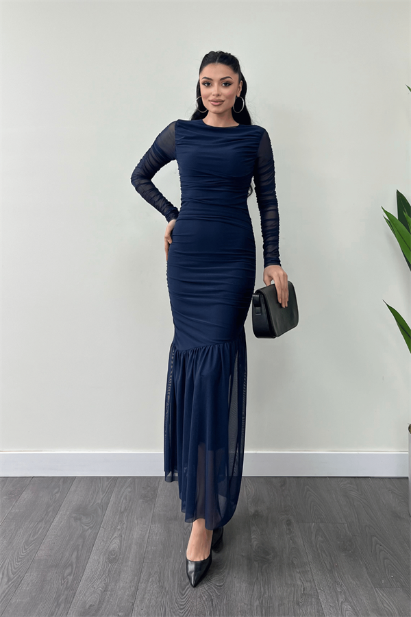 Tül Kumaş Büzgü Detaylı Kalem Elbise - LACİVERT