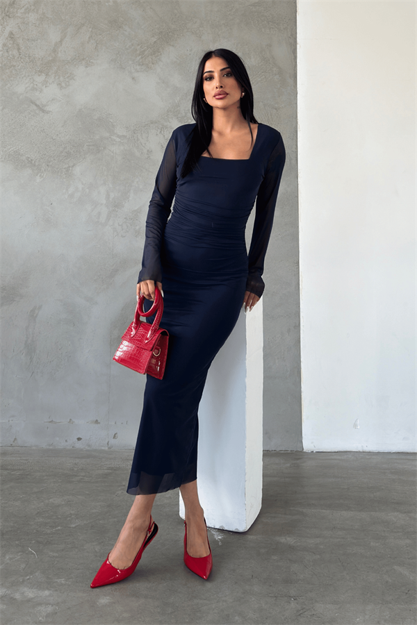 Tül Kumaş Büzgü Detaylı Kalem Elbise - LACİVERT