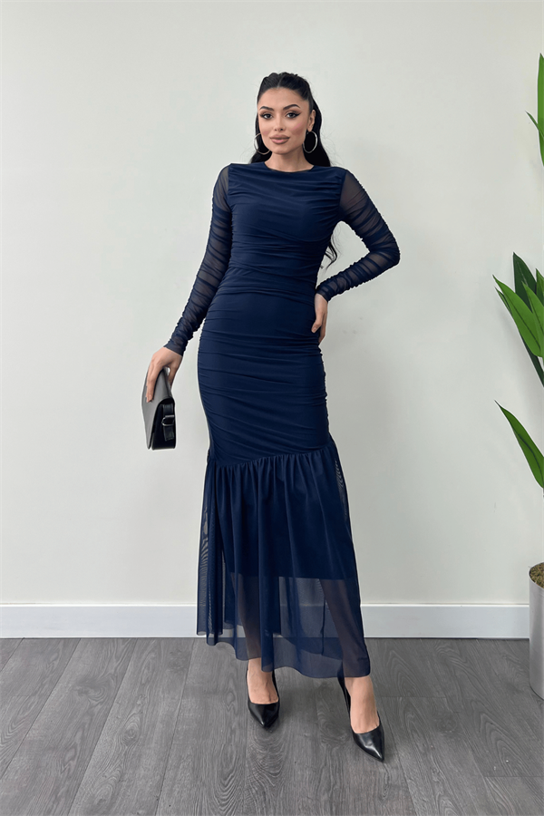 Tül Kumaş Büzgü Detaylı Kalem Elbise - LACİVERT