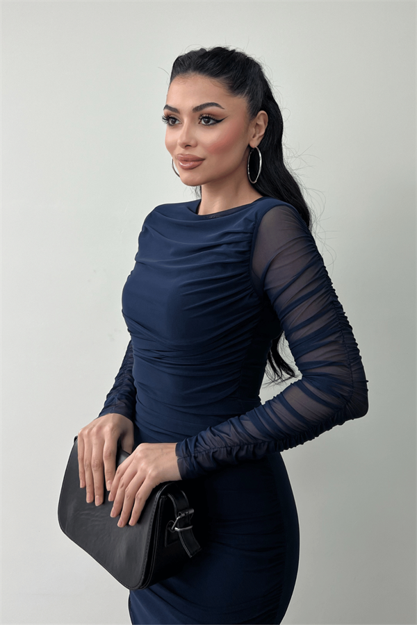 Tül Kumaş Büzgü Detaylı Kalem Elbise - LACİVERT