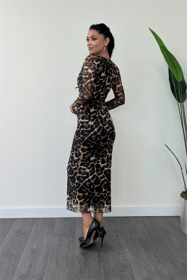 Tül Kumaş Büzgü Detaylı Kalem Elbise - LEOPAR