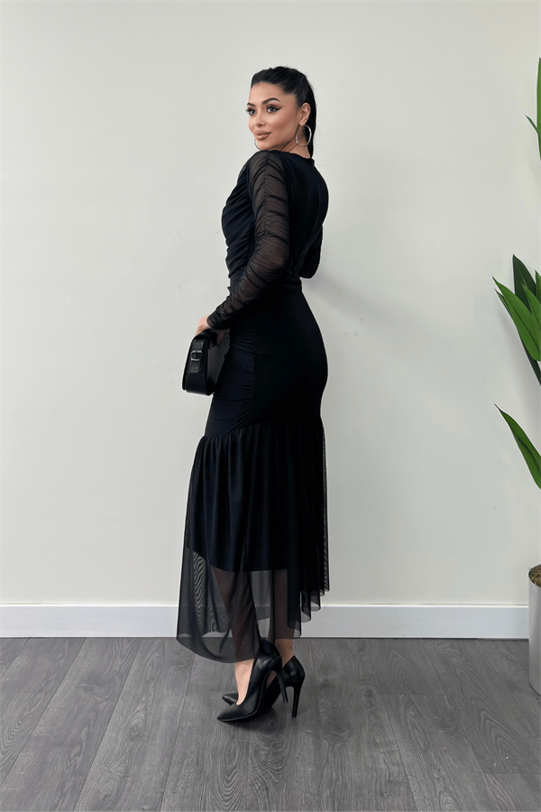 Tül Kumaş Büzgü Detaylı Kalem Elbise - SİYAH