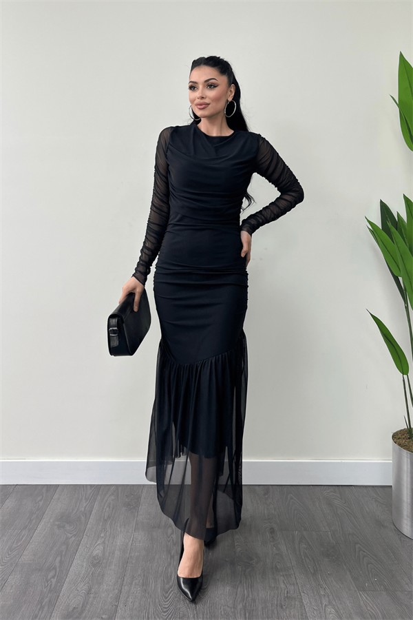 Tül Kumaş Büzgü Detaylı Kalem Elbise - SİYAH