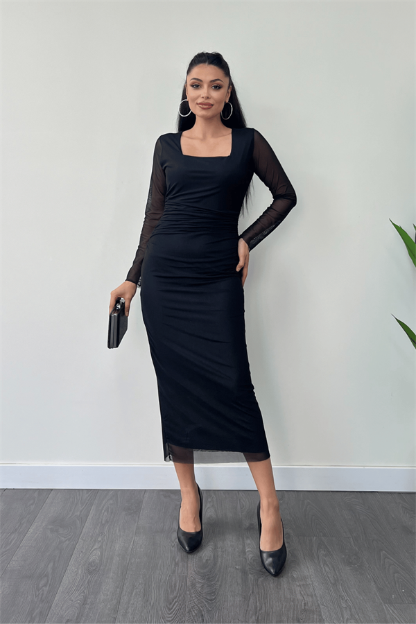 Tül Kumaş Büzgü Detaylı Kalem Elbise - SİYAH