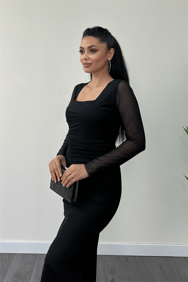 Tül Kumaş Büzgü Detaylı Kalem Elbise - SİYAH