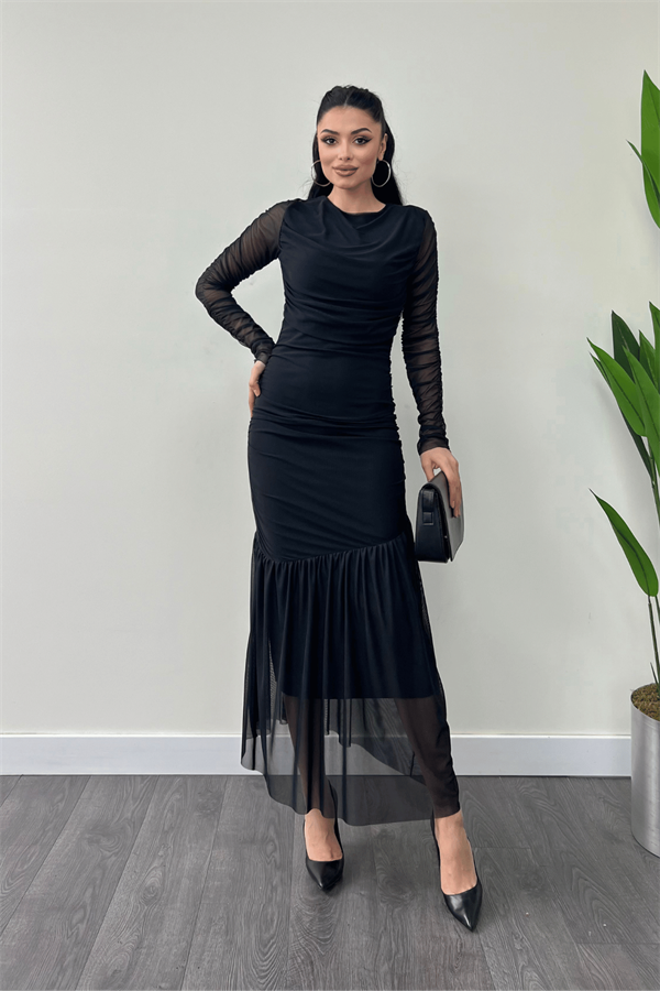 Tül Kumaş Büzgü Detaylı Kalem Elbise - SİYAH