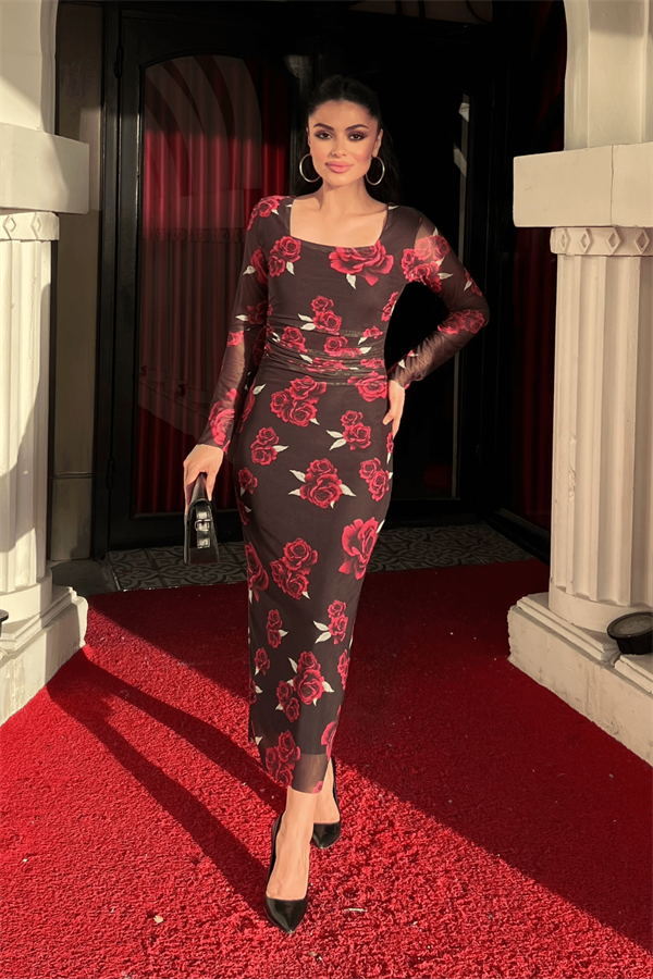 Tül Kumaş Büzgü Detaylı Kalem Elbise - SİYAH KIRMIZI