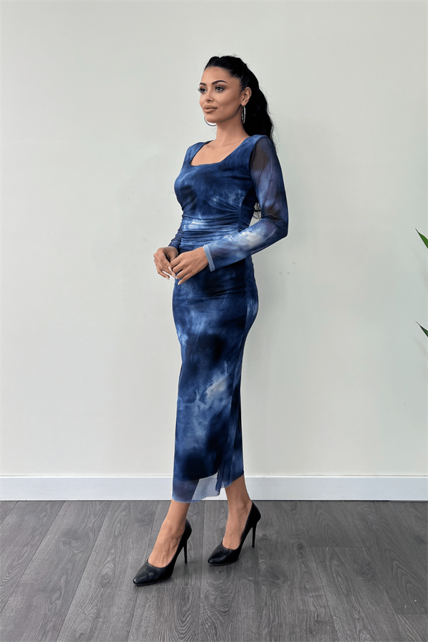 Tül Kumaş Büzgü Detaylı Kalem Elbise - SAKS MAVİ