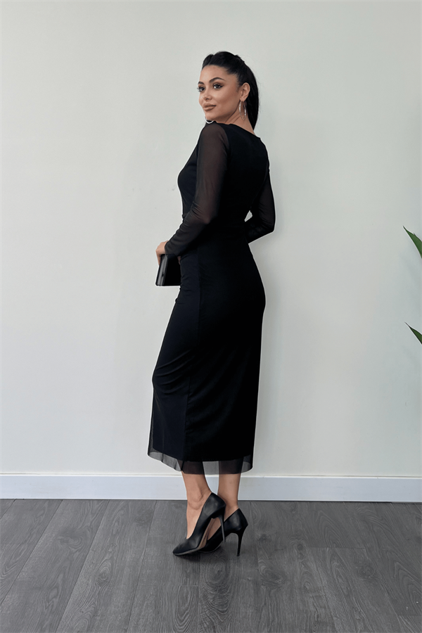 Tül Kumaş Büzgü Detaylı Kalem Elbise - SİYAH