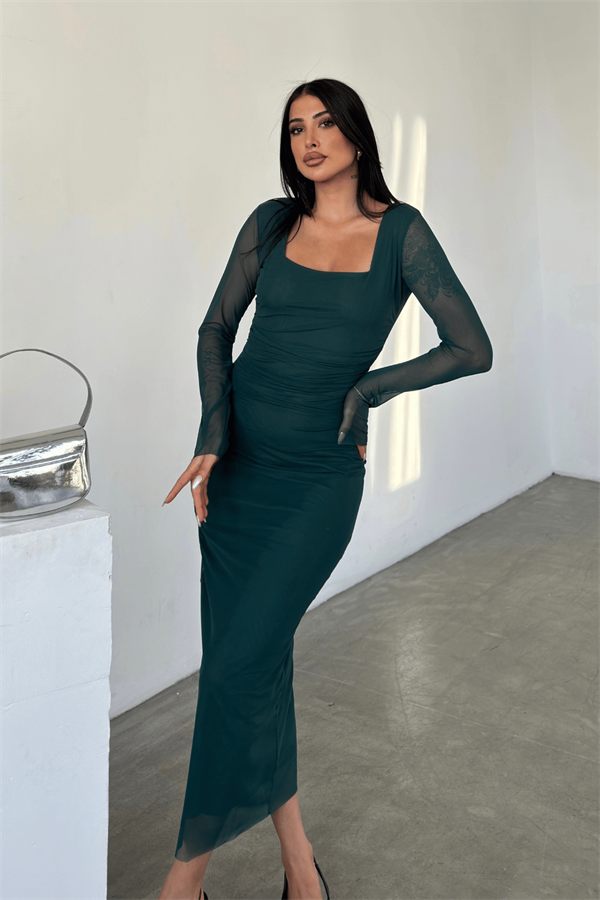 Tül Kumaş Büzgü Detaylı Kalem Elbise - ZÜMRÜT YEŞİL