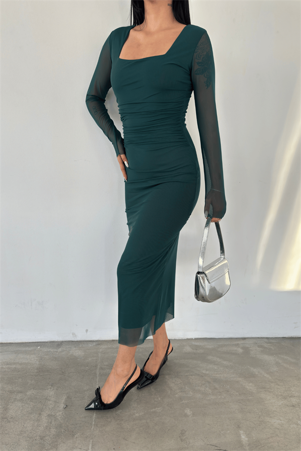 Tül Kumaş Büzgü Detaylı Kalem Elbise - ZÜMRÜT YEŞİL