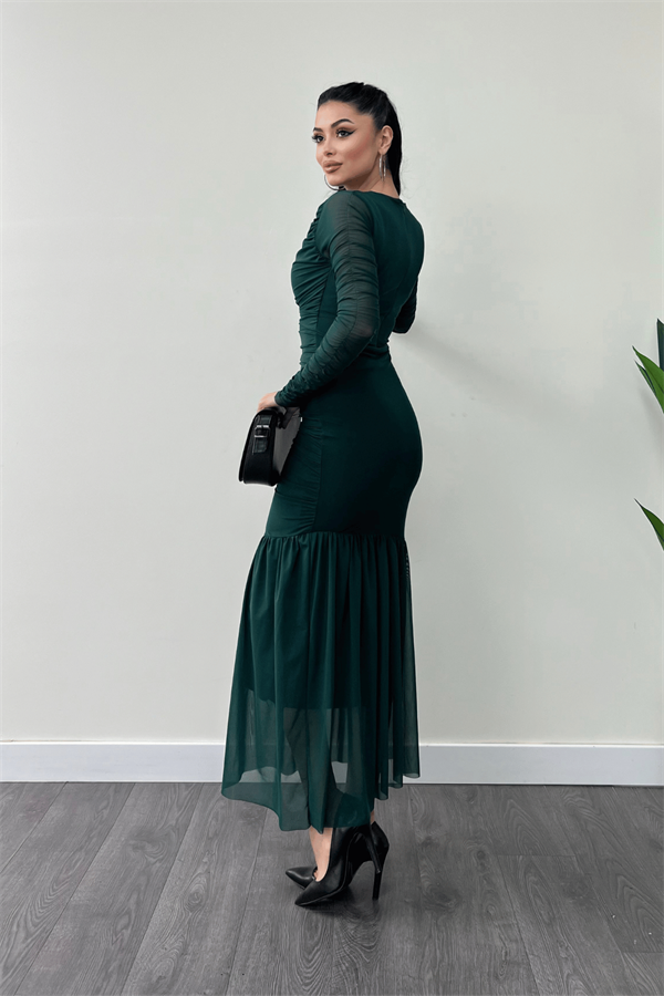 Tül Kumaş Büzgü Detaylı Kalem Elbise - ZÜMRÜT YEŞİL