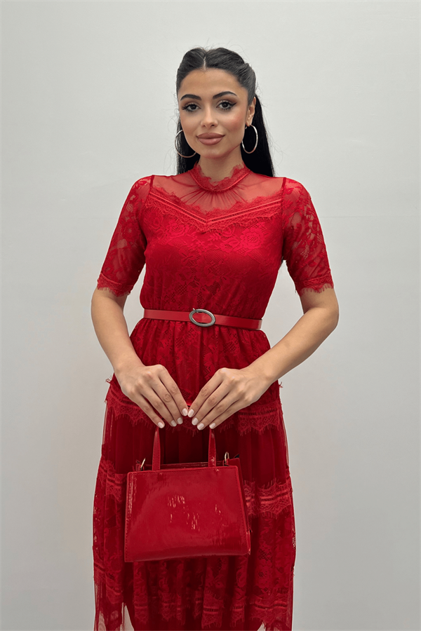 Tül Kumaş Dantel Detaylı Midi Elbise - KIRMIZI