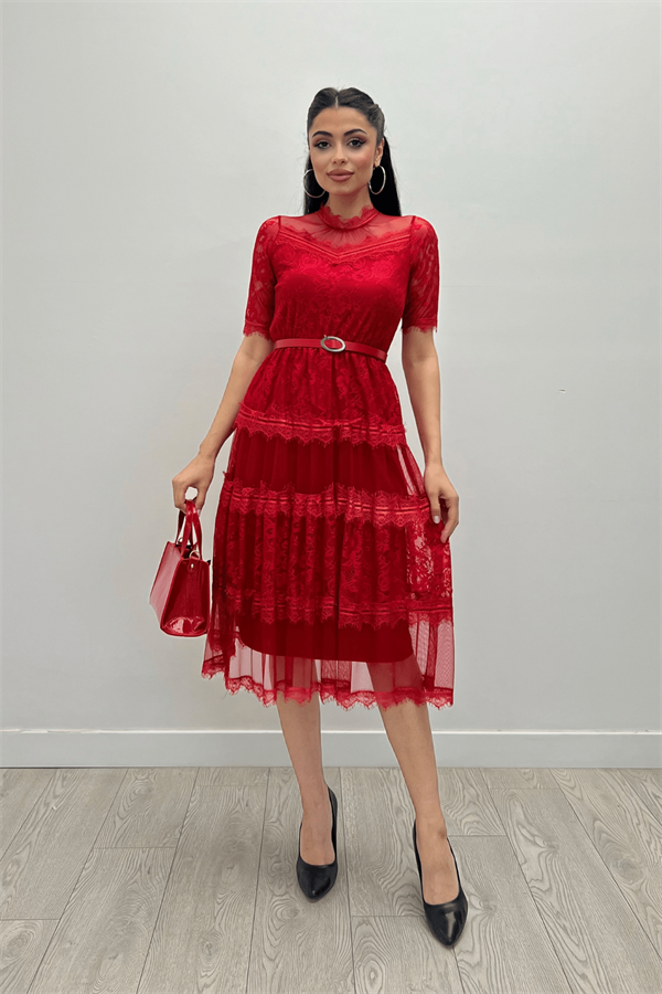 Tül Kumaş Dantel Detaylı Midi Elbise - KIRMIZI