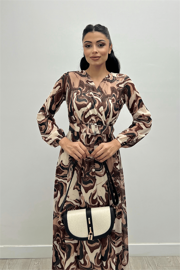 فستان بحزام مزين بطبعات من التول - البني