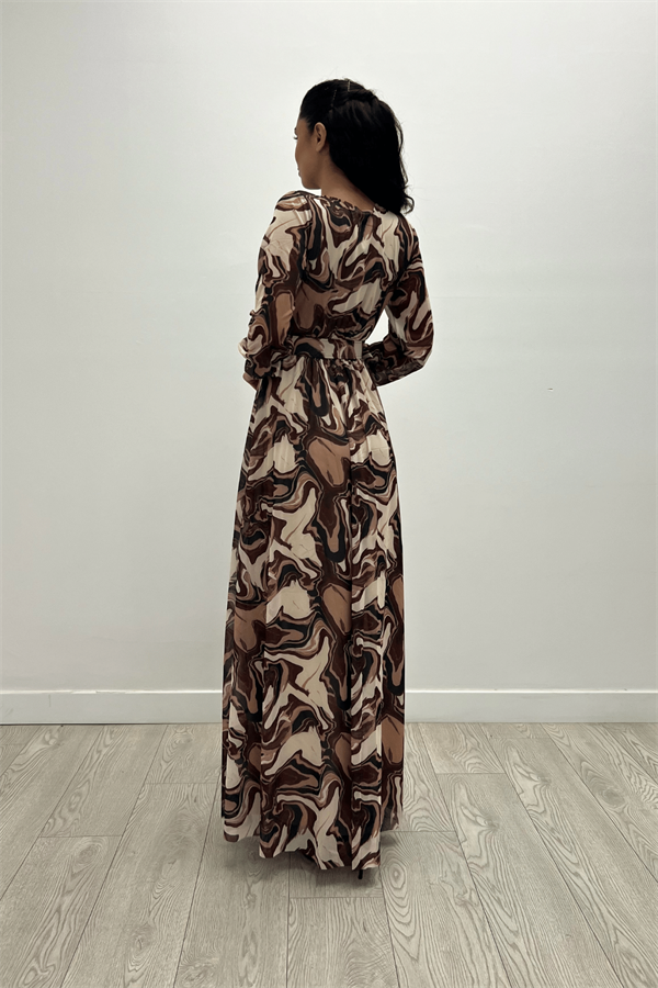 فستان بحزام مزين بطبعات من التول - البني