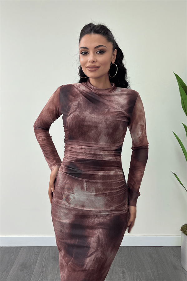 Tül Kumaş Drape Detaylı Kalem Elbise - BORDO