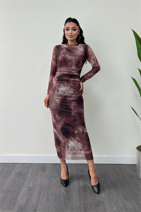 Tül Kumaş Drape Detaylı Kalem Elbise - BORDO