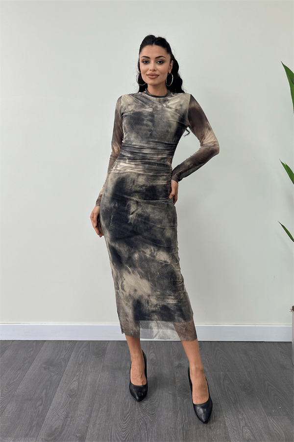 Tül Kumaş Drape Detaylı Kalem Elbise - KREM