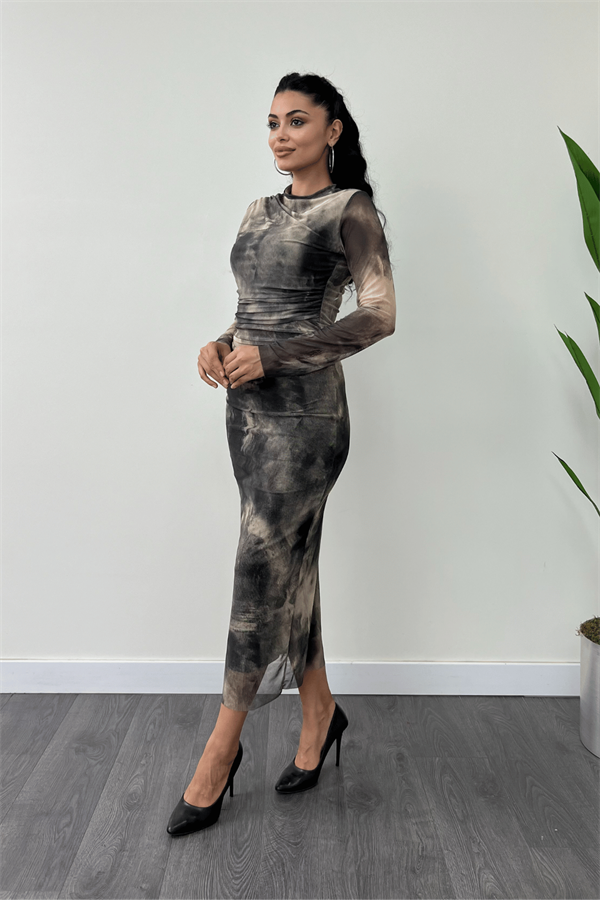 Tül Kumaş Drape Detaylı Kalem Elbise - KREM