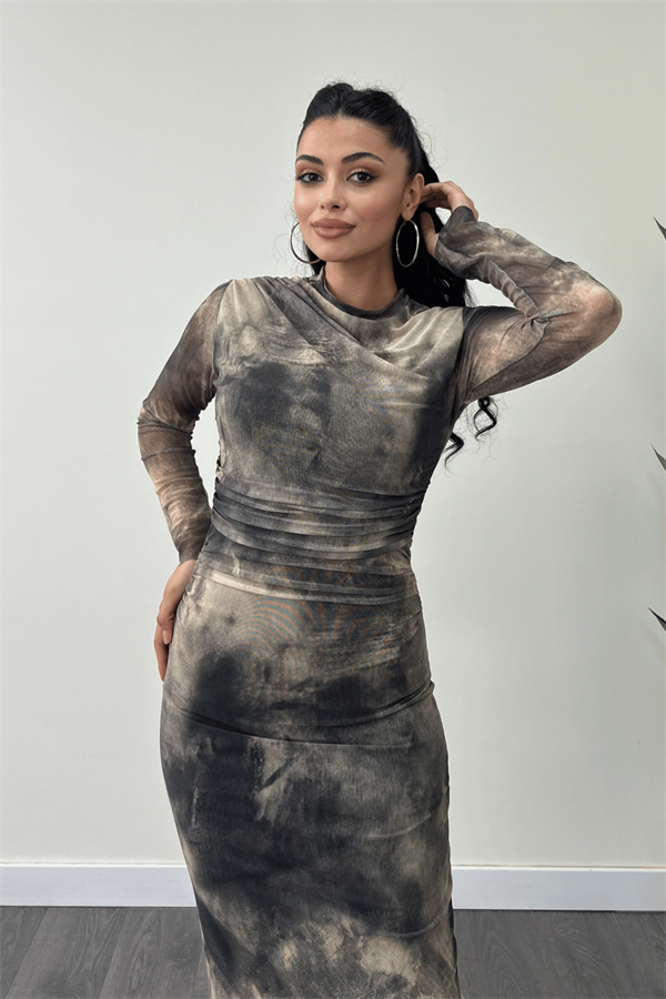 Tül Kumaş Drape Detaylı Kalem Elbise - KREM