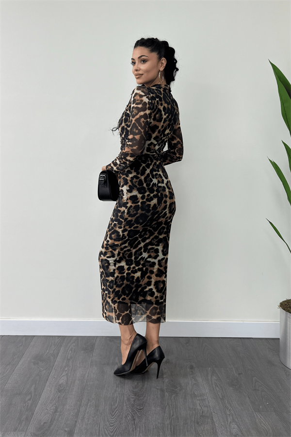 Tül Kumaş Drape Detaylı Kalem Elbise - LEOPAR