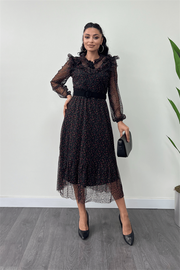 Tül Kumaş Flog Baskı Çiçekli Midi Elbise - SİYAH