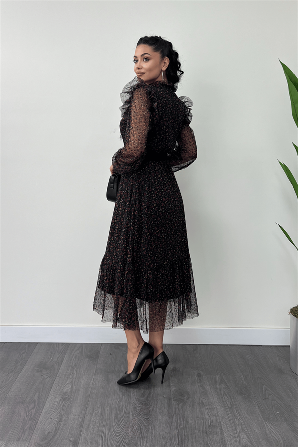 Tül Kumaş Flog Baskı Çiçekli Midi Elbise - SİYAH