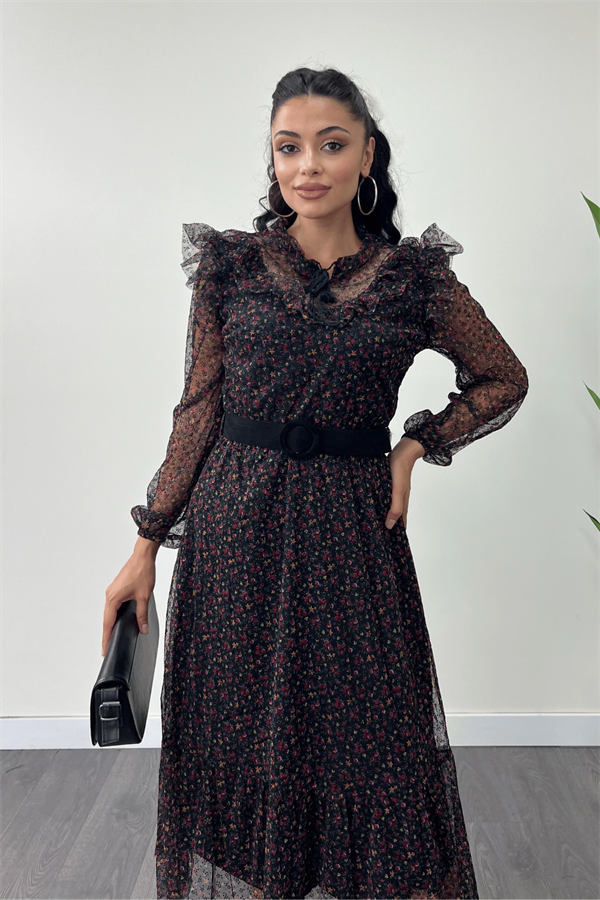 Tül Kumaş Flog Baskı Çiçekli Midi Elbise - SİYAH
