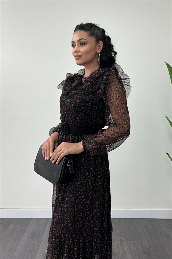 Tül Kumaş Flog Baskı Çiçekli Midi Elbise - SİYAH