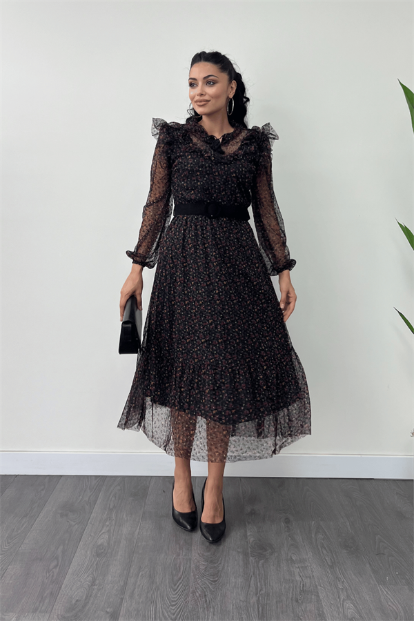 Tül Kumaş Flog Baskı Çiçekli Midi Elbise - SİYAH